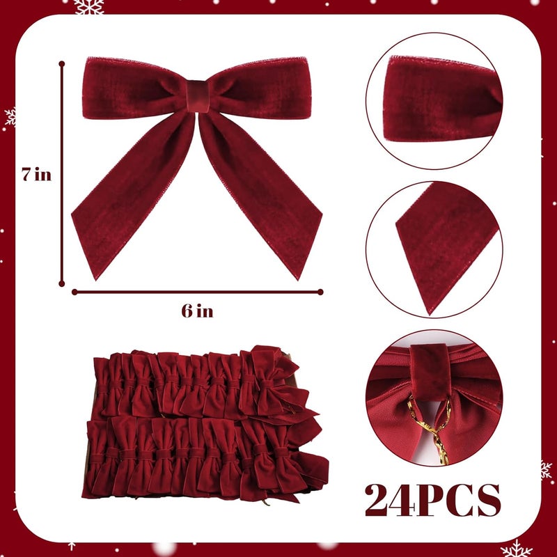 Zesua Christmas Decorations - Christmas Bows - 24 Pcs 7 x 6 inch Medium Wine Red Velvet Bows for Christmas Tree - Burgundy Xmas Ribbon Ornaments - Home Decor for Wreath Garland Gift Wrapping Wedding Party - Image 2